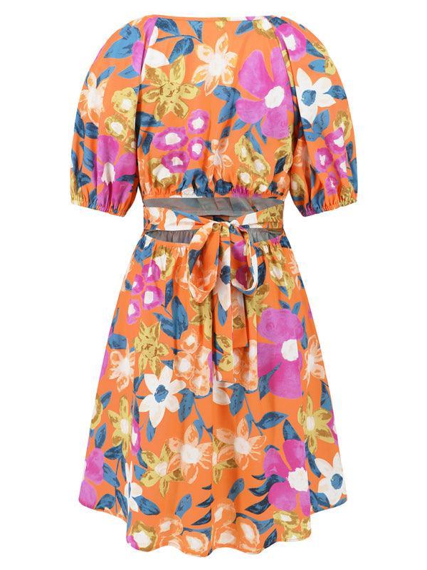 V-neck beach lantern sleeve floral mini dress - 808Lush