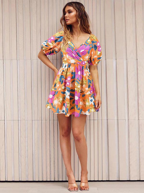 V-neck beach lantern sleeve floral mini dress - 808Lush