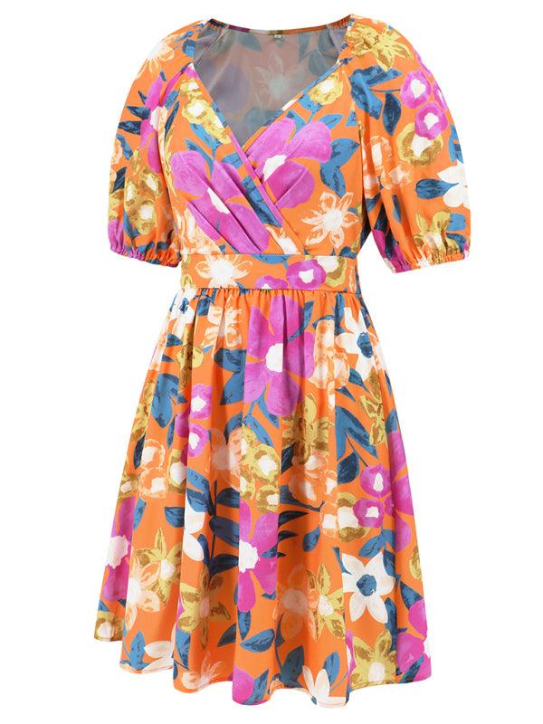 V-neck beach lantern sleeve floral mini dress - 808Lush