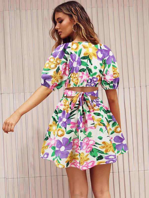 V-neck beach lantern sleeve floral mini dress - 808Lush