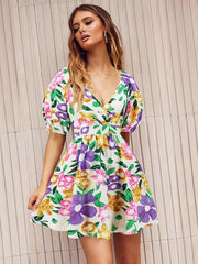 V-neck beach lantern sleeve floral mini dress - 808Lush