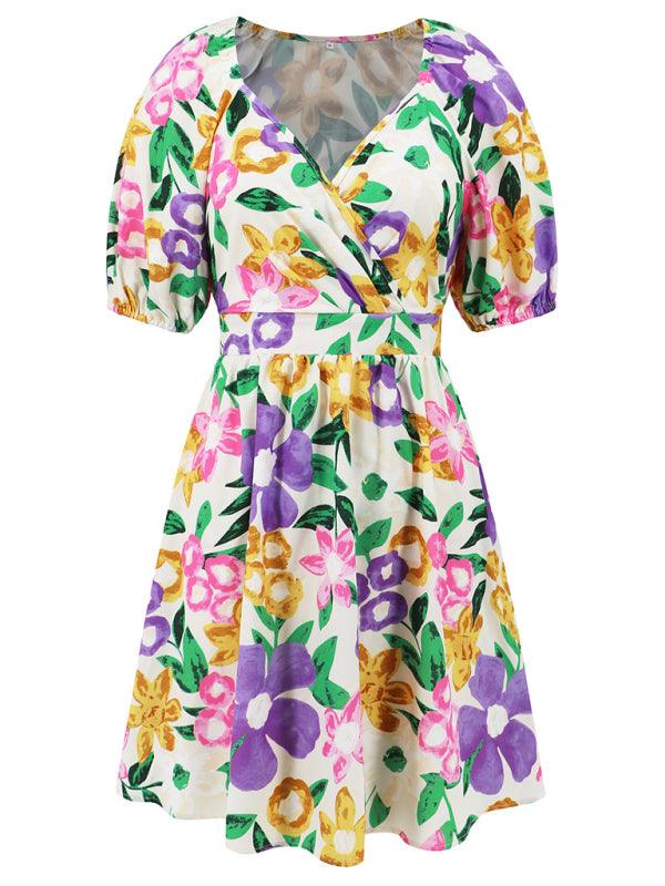 V-neck beach lantern sleeve floral mini dress - 808Lush