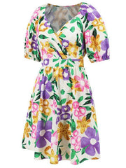 V-neck beach lantern sleeve floral mini dress - 808Lush