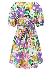 V-neck beach lantern sleeve floral mini dress - 808Lush