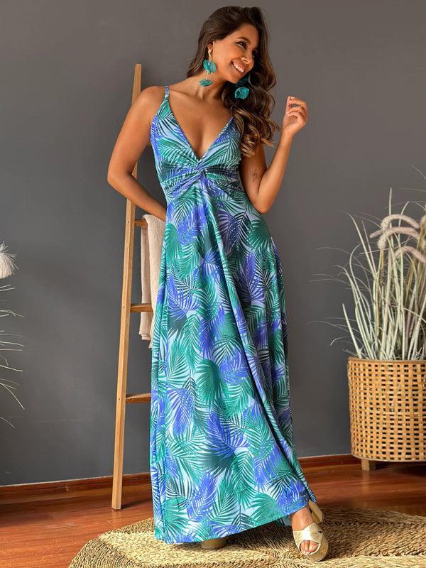 v-neck printed elegant A-line long dress - 808Lush