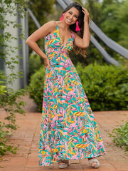 v-neck printed elegant A-line long dress - 808Lush