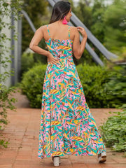 v-neck printed elegant A-line long dress - 808Lush