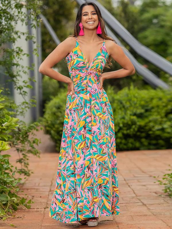 v-neck printed elegant A-line long dress - 808Lush