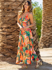 v-neck printed elegant A-line long dress - 808Lush