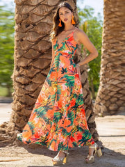 v-neck printed elegant A-line long dress - 808Lush