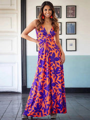 v-neck printed elegant A-line long dress - 808Lush