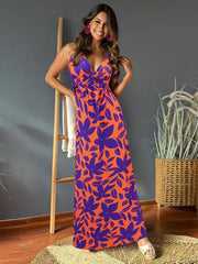 v-neck printed elegant A-line long dress - 808Lush