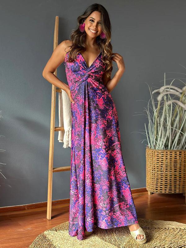 v-neck printed elegant A-line long dress - 808Lush