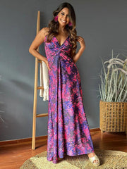 v-neck printed elegant A-line long dress - 808Lush