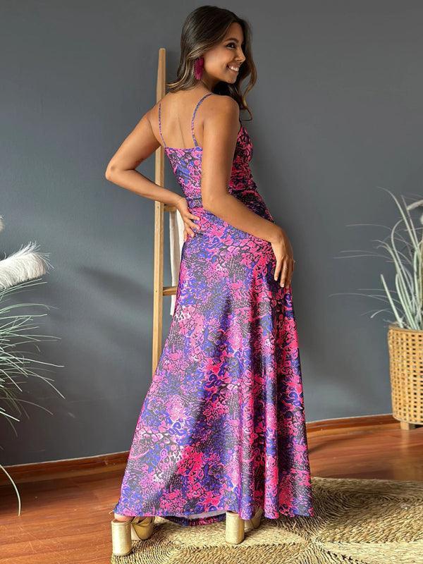 v-neck printed elegant A-line long dress - 808Lush