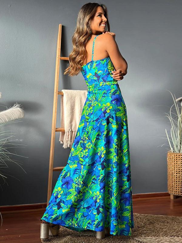 v-neck printed elegant A-line long dress - 808Lush