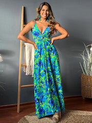 v-neck printed elegant A-line long dress - 808Lush