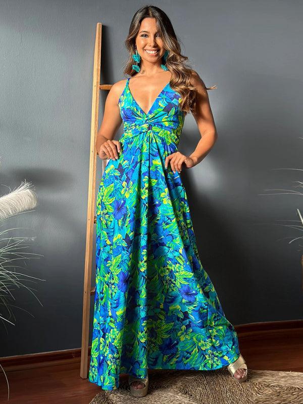 v-neck printed elegant A-line long dress - 808Lush