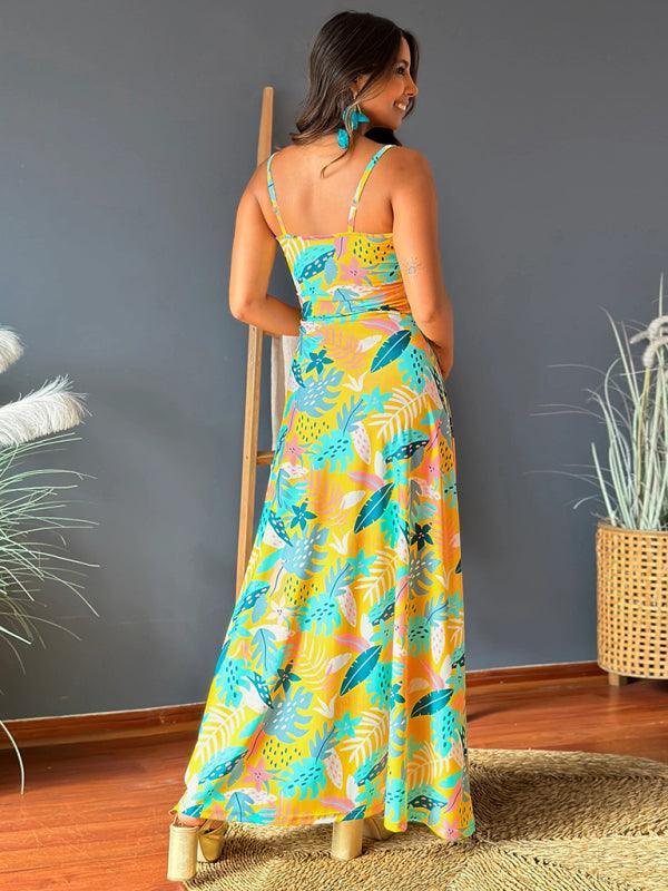 v-neck printed elegant A-line long dress - 808Lush