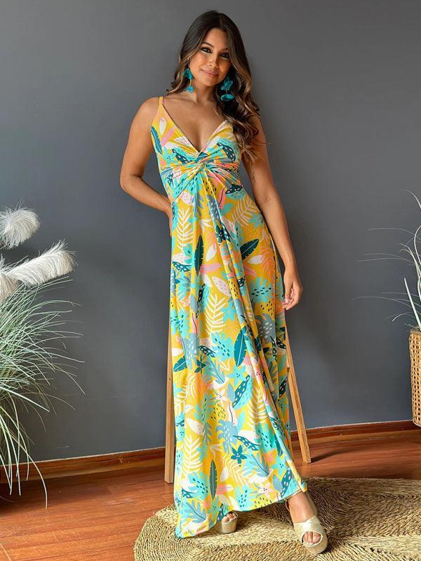 v-neck printed elegant A-line long dress - 808Lush