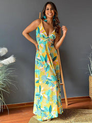 v-neck printed elegant A-line long dress - 808Lush