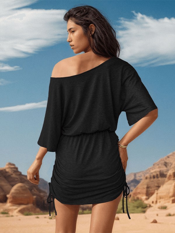 Casual slanted shoulder collar slim mini dress - 808Lush