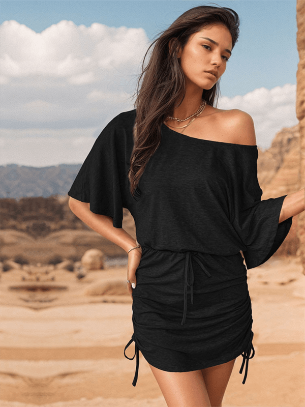 Casual slanted shoulder collar slim mini dress - 808Lush