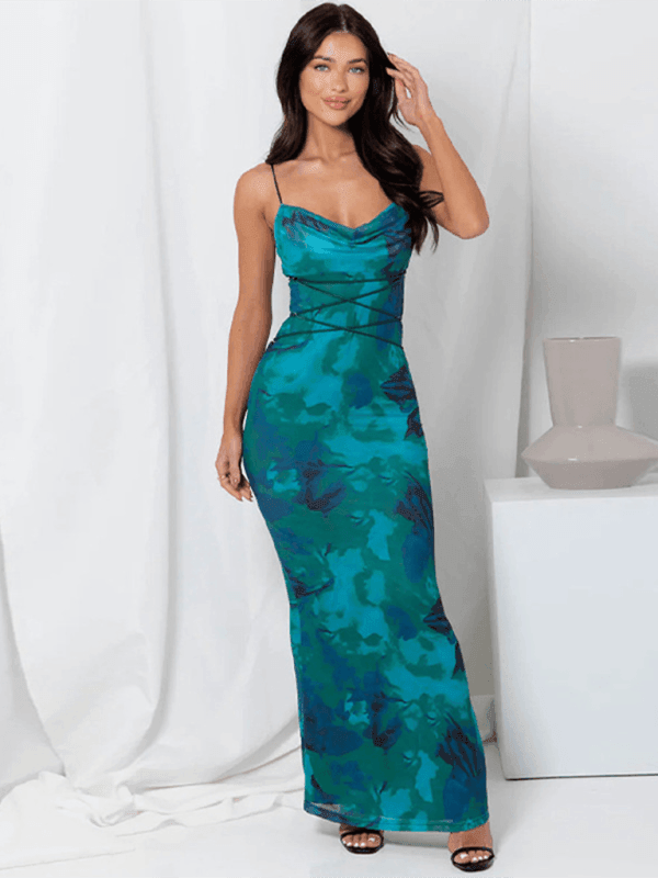 sexy backless strappy slim printed dress - 808Lush