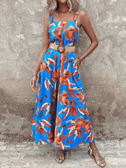 Fashion suspender print waist jumpsuit with belt - 808Lush