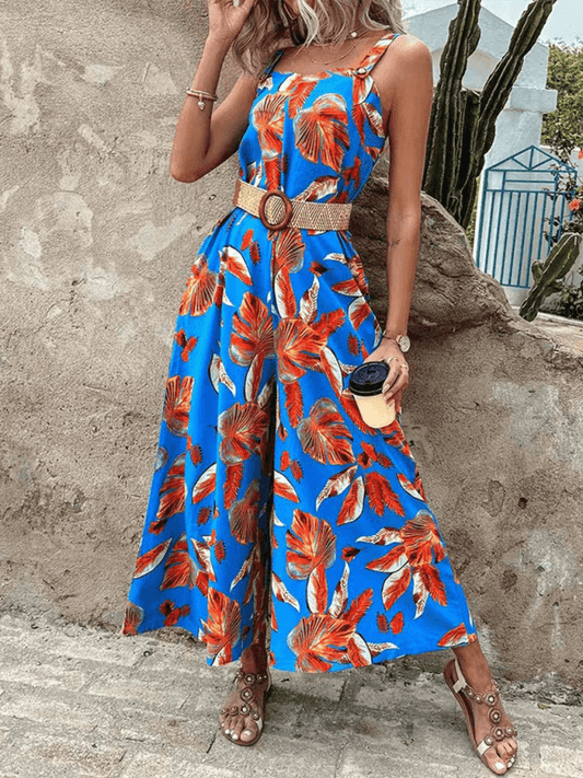 Fashion suspender print waist jumpsuit with belt - 808Lush