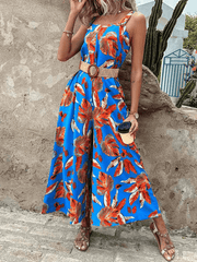 Fashion suspender print waist jumpsuit with belt - 808Lush