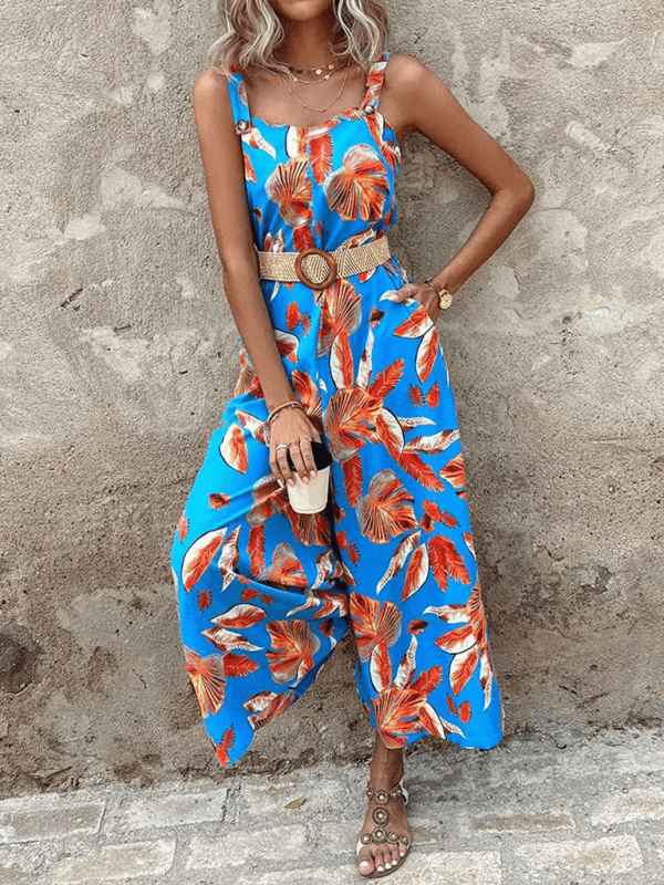 Fashion suspender print waist jumpsuit with belt - 808Lush