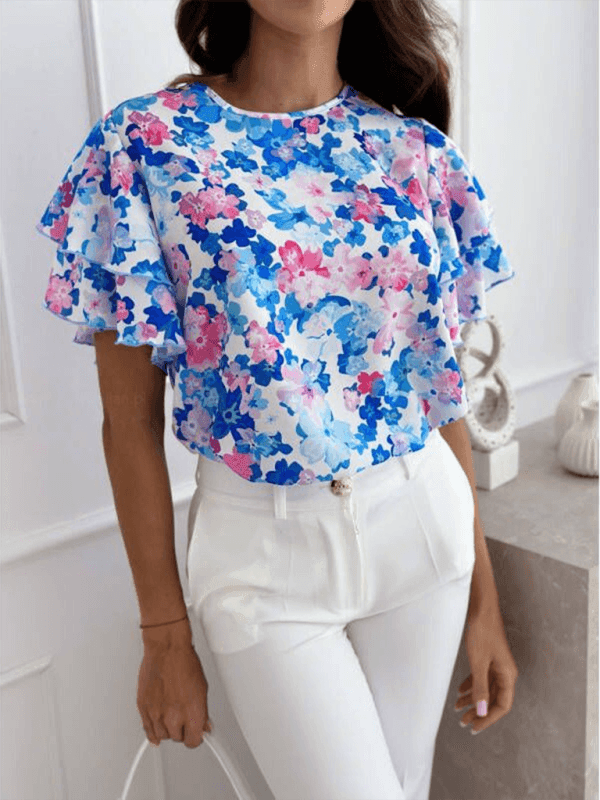 Summer printed ruffle sleeves, round neck, simple short-sleeved tops - 808Lush