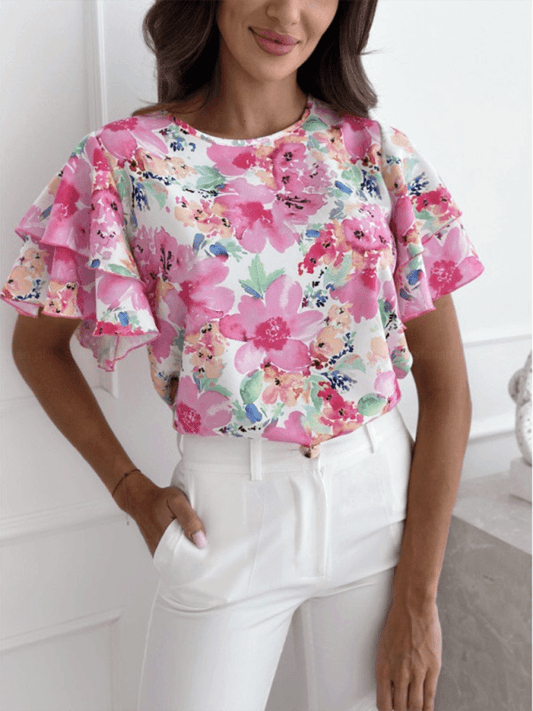Summer printed ruffle sleeves, round neck, simple short-sleeved tops - 808Lush