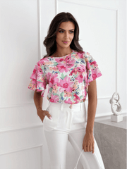 Summer printed ruffle sleeves, round neck, simple short-sleeved tops - 808Lush