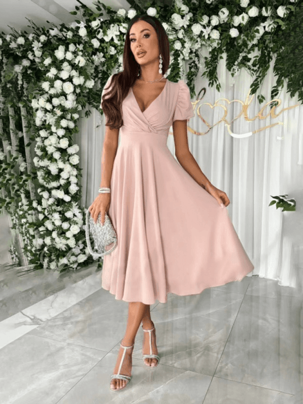 V-Neck Waist Puff Sleeve Swing Dress - 808Lush