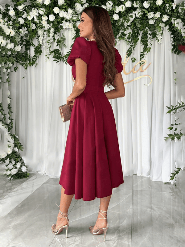 V-Neck Waist Puff Sleeve Swing Dress - 808Lush