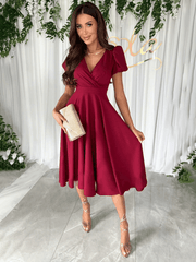 V-Neck Waist Puff Sleeve Swing Dress - 808Lush