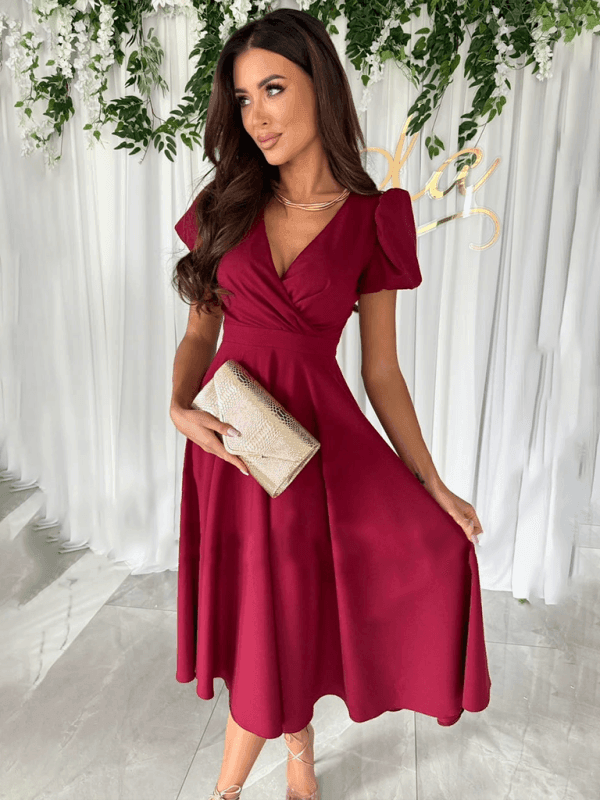 V-Neck Waist Puff Sleeve Swing Dress - 808Lush