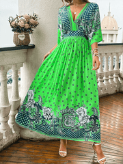 summer casual holiday printed V-neck long skirt - 808Lush