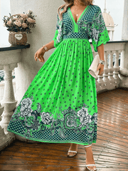 summer casual holiday printed V-neck long skirt - 808Lush