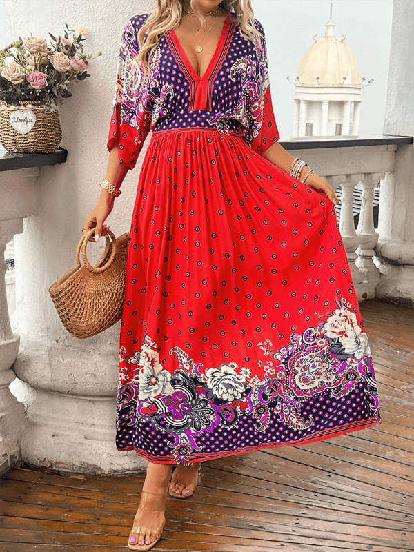 summer casual holiday printed V-neck long skirt - 808Lush