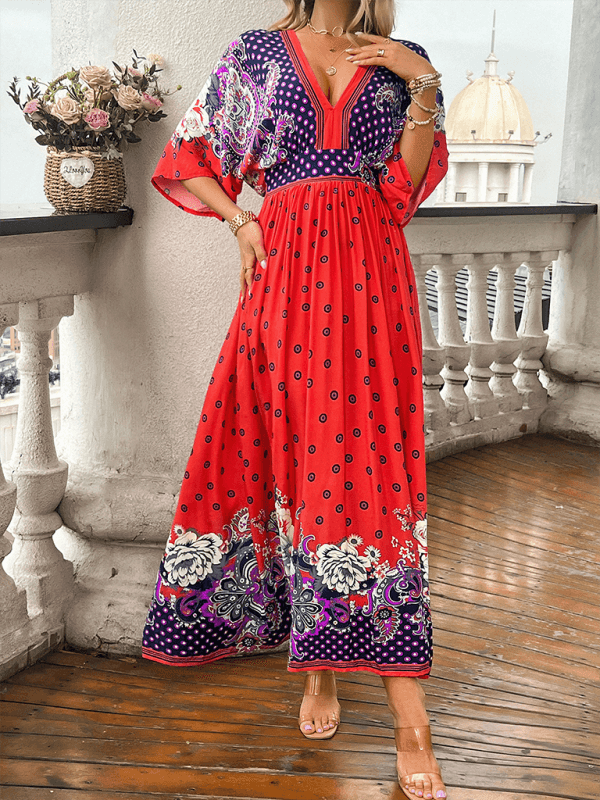 summer casual holiday printed V-neck long skirt - 808Lush