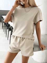 knitted crew neck top and shorts casual two-piece set - 808Lush