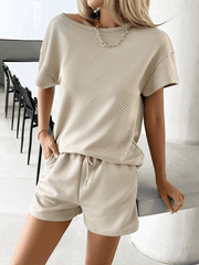 knitted crew neck top and shorts casual two-piece set - 808Lush