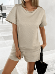 knitted crew neck top and shorts casual two-piece set - 808Lush