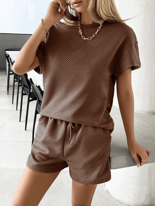 knitted crew neck top and shorts casual two-piece set - 808Lush