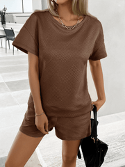 knitted crew neck top and shorts casual two-piece set - 808Lush