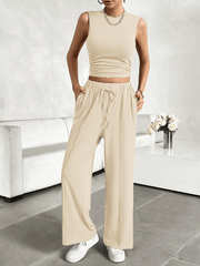 casual round neck sleeveless top and trousers two-piece set