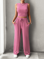 casual round neck sleeveless top and trousers two-piece set